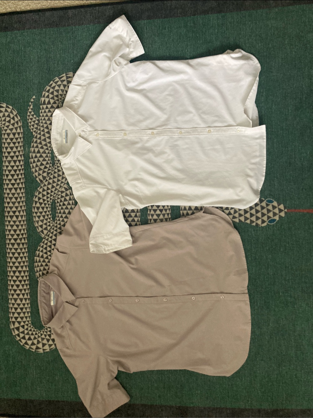 Lot of 2. Unisex Columbia Short-Sleeve Button-Up Shirt in White and Taupe.